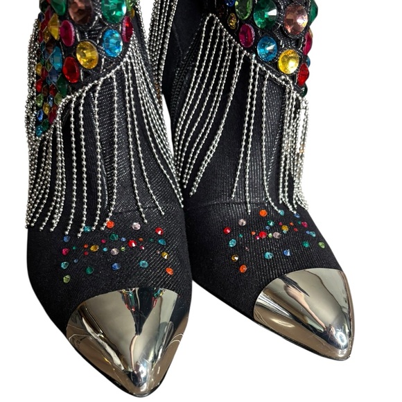 Gianni Bini Kaitrin Rainbow Rhinestone Fringe Bandana Boots Black Denim SZ 8 - Picture 4 of 11